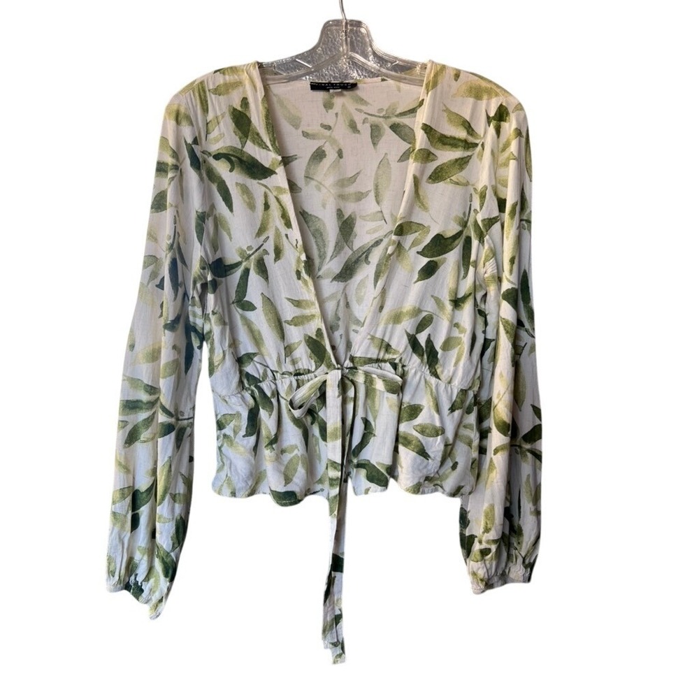 Final Touch Green Leaf Print Linen Blend‎ Wrap Peplum Top T16621N Large USA